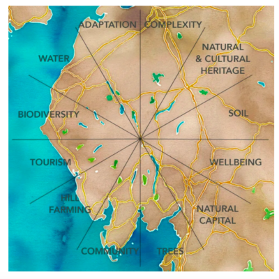 A map of Cumbria overlaid with the segments of a clockface